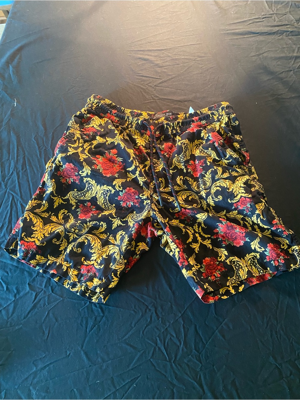 Cactus Man Mens small Black Floral & Baroque Print Swim Shorts
